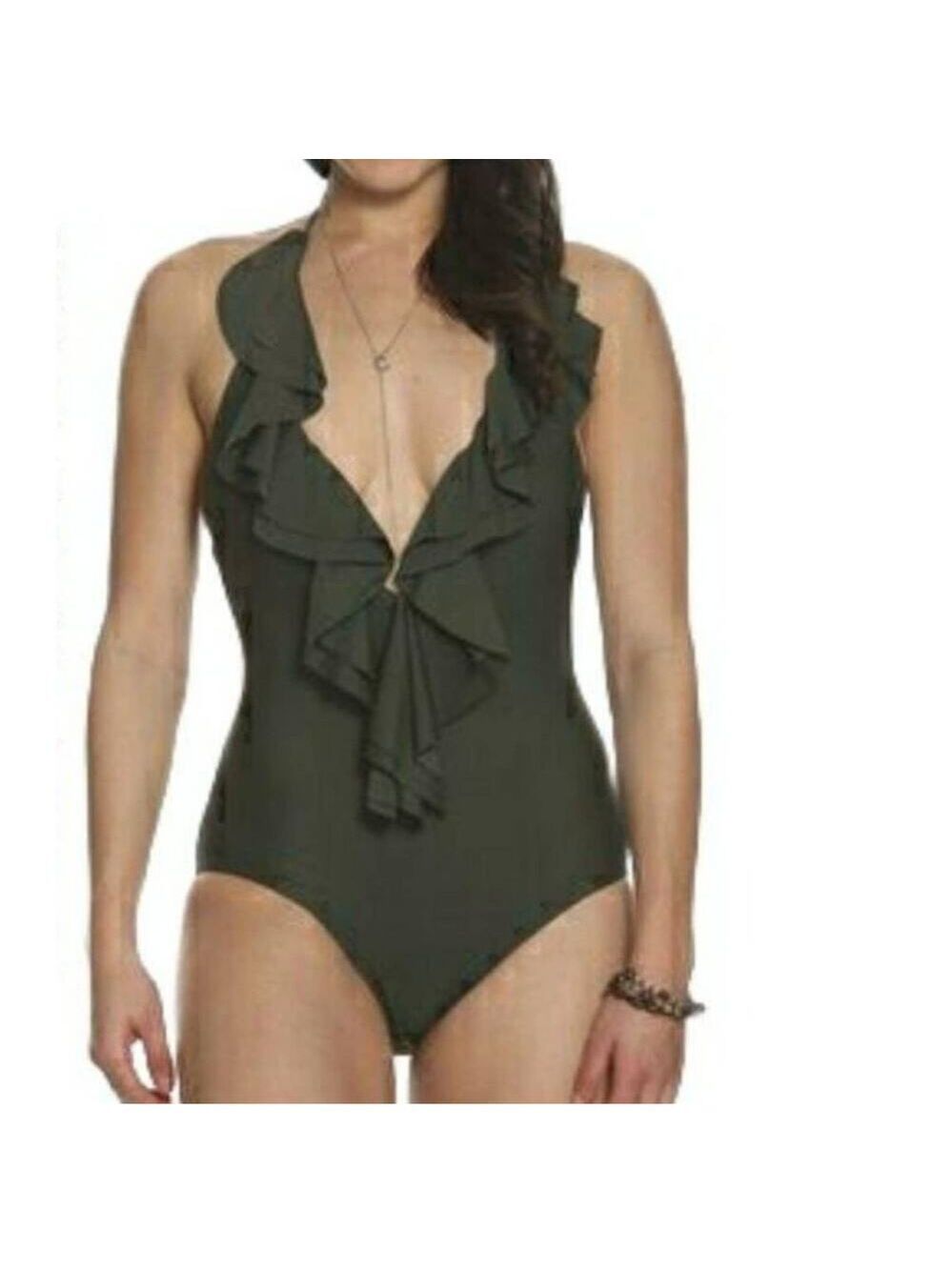 NWT Sun & Sea Olive Green Halter  Deep V‎ Ruffle Swimsuit  Size 4/6  (Medium)